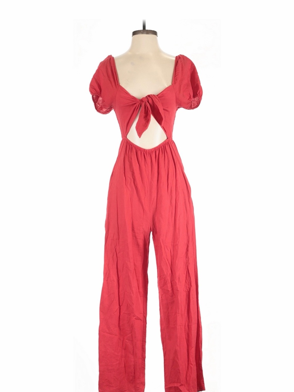 Rewind Red Tie-Front Cutout Jumpsuit with Puff Sleeves